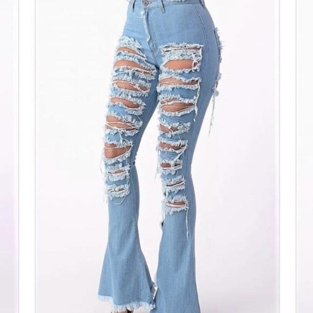 Denim jeans flair distressed